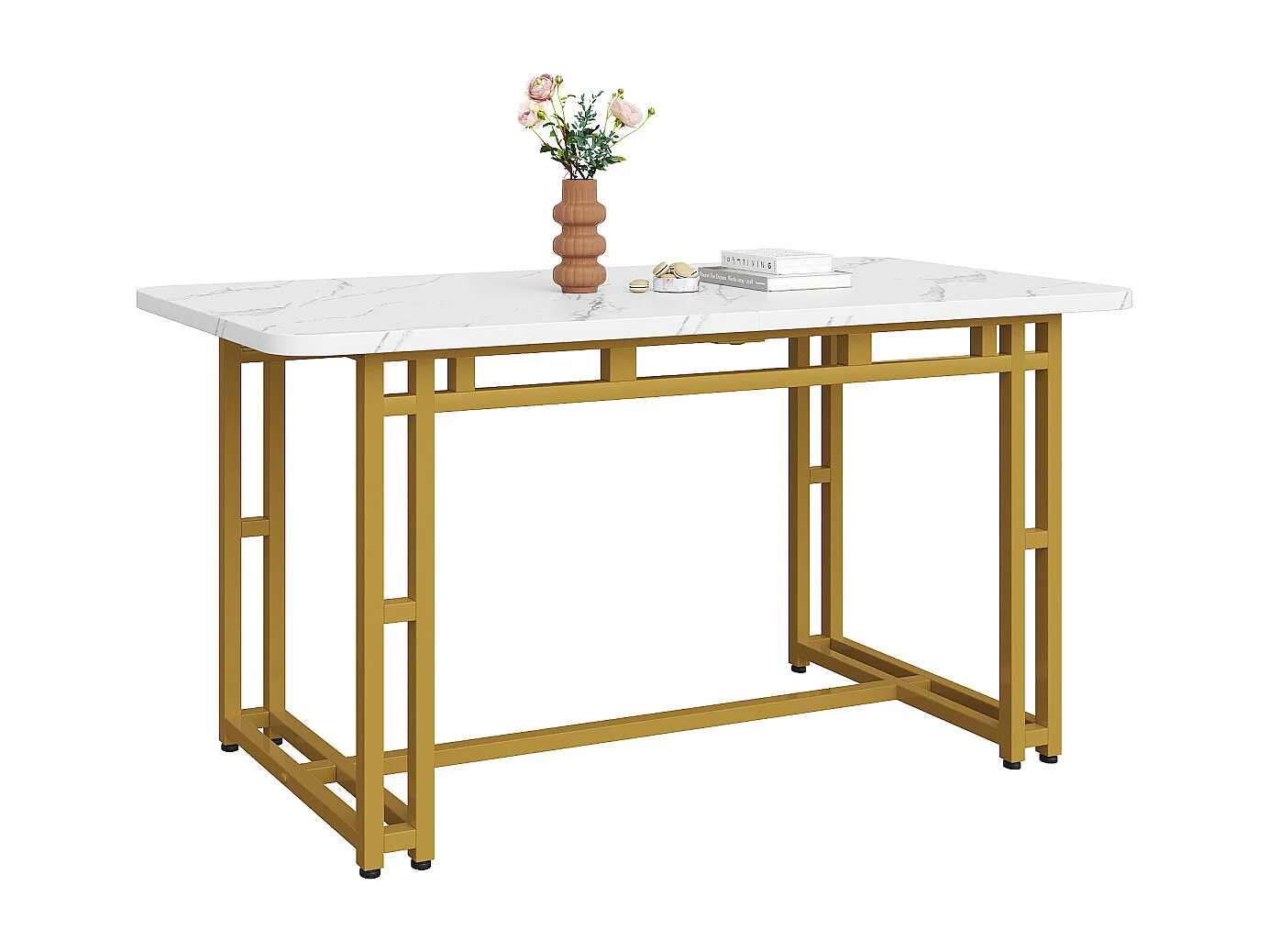 Mesa de comedor de lujo de 120 x 70 cm: estructura de metal, moderna mesa de cocina rectangular con patas doradas.