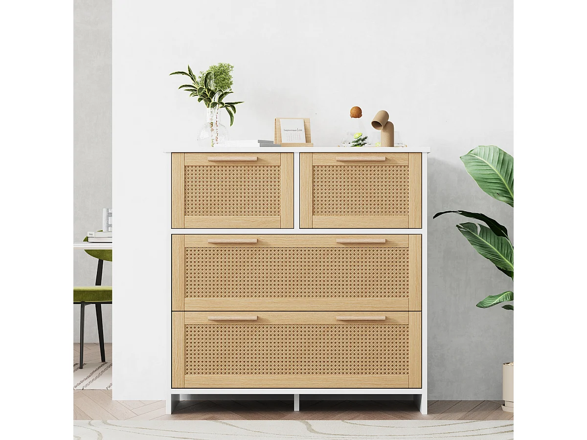 Meuble en rotin à 4 tiroirs avec poignées en bois massif - L 80/H 80/P 38 cm