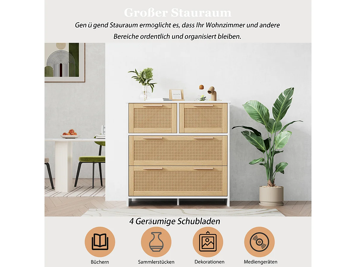 Meuble en rotin à 4 tiroirs avec poignées en bois massif - L 80/H 80/P 38 cm