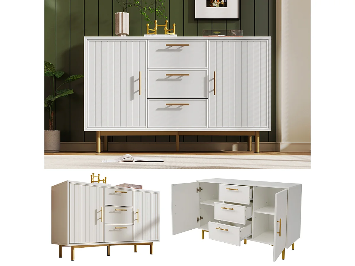 Cômoda com 2 portas e 3 gavetas com prateleira ajustável, branca - A75/L120/P40cm