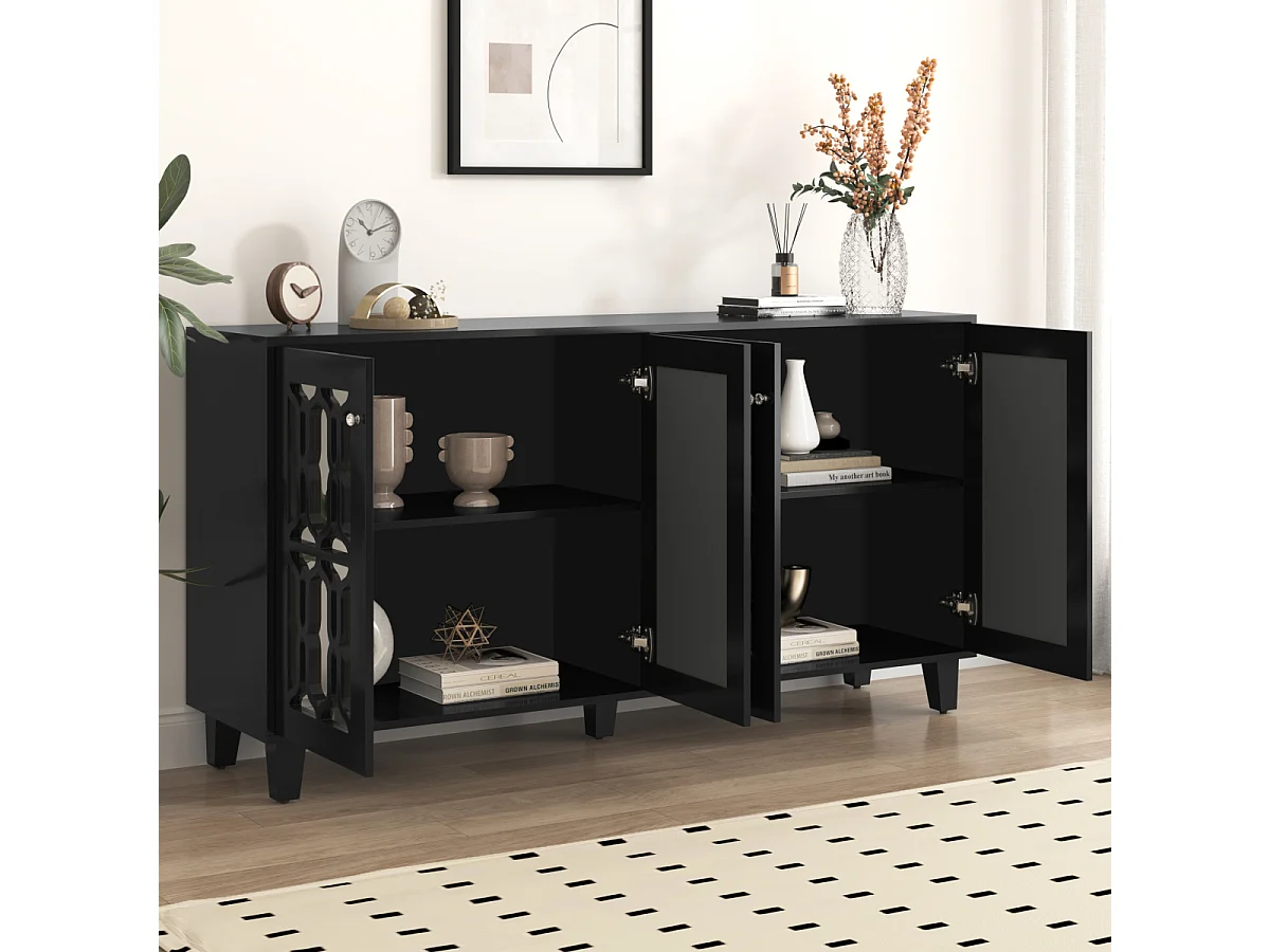 Zwarte spiegelkast met kristallen handgrepen, 4 deuren, verplaatsbaar laminaat, 160x40x84cm.