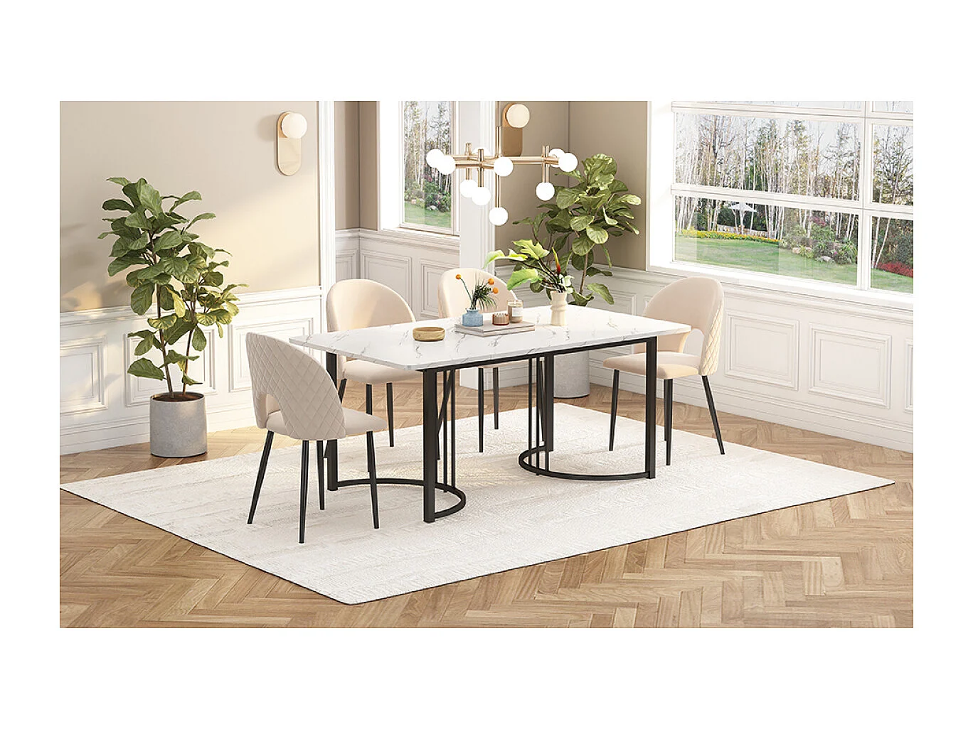 Table de salle à manger moderne à motif marbre (140 x 80 cm) avec structure en métal et pieds réglables - Blanc/Noir