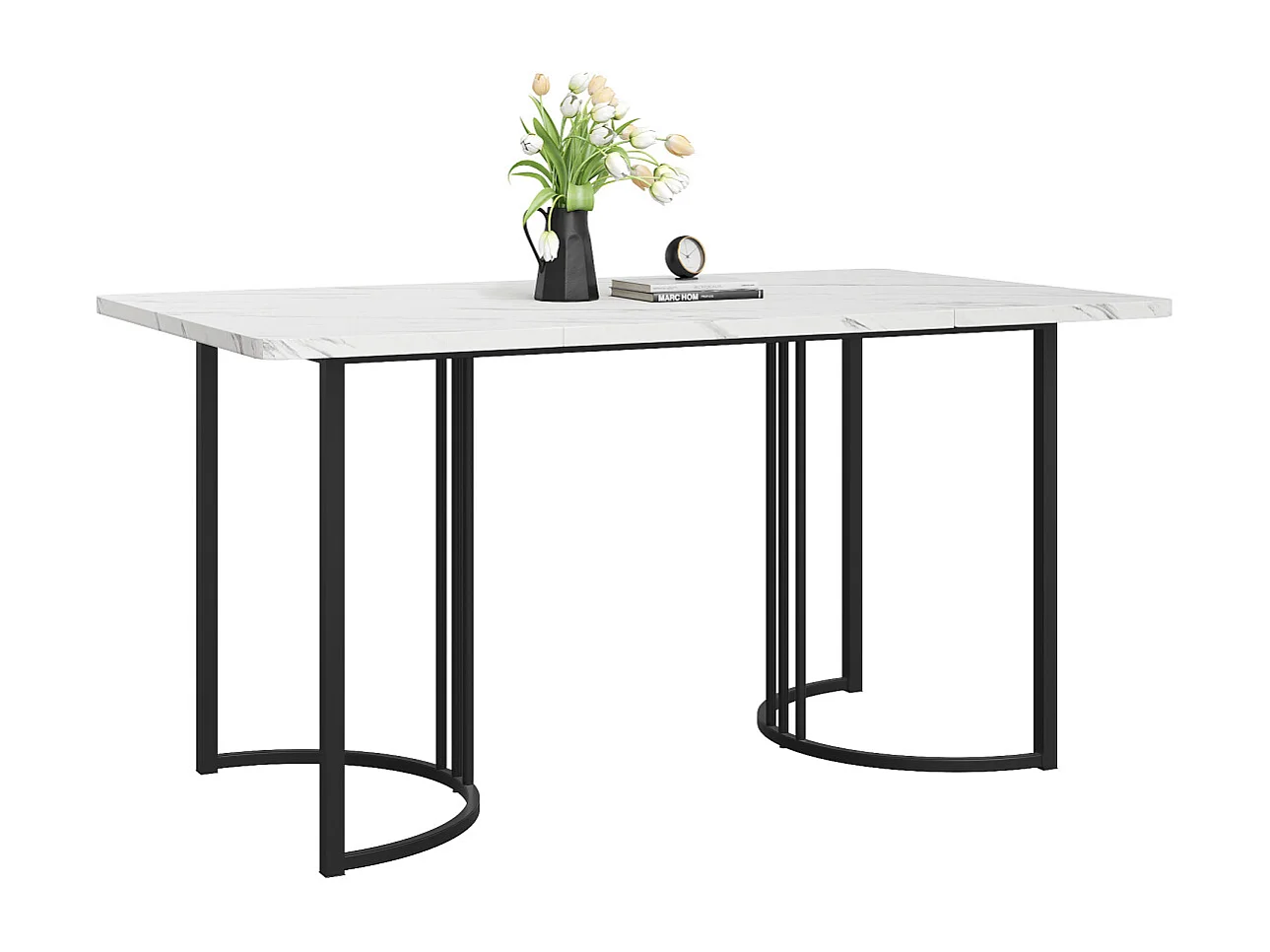 Table de salle à manger moderne à motif marbre (140 x 80 cm) avec structure en métal et pieds réglables - Blanc/Noir