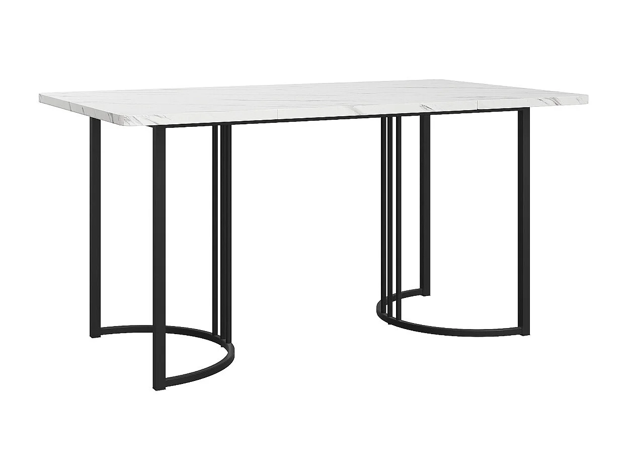 Table de salle à manger moderne à motif marbre (140 x 80 cm) avec structure en métal et pieds réglables - Blanc/Noir