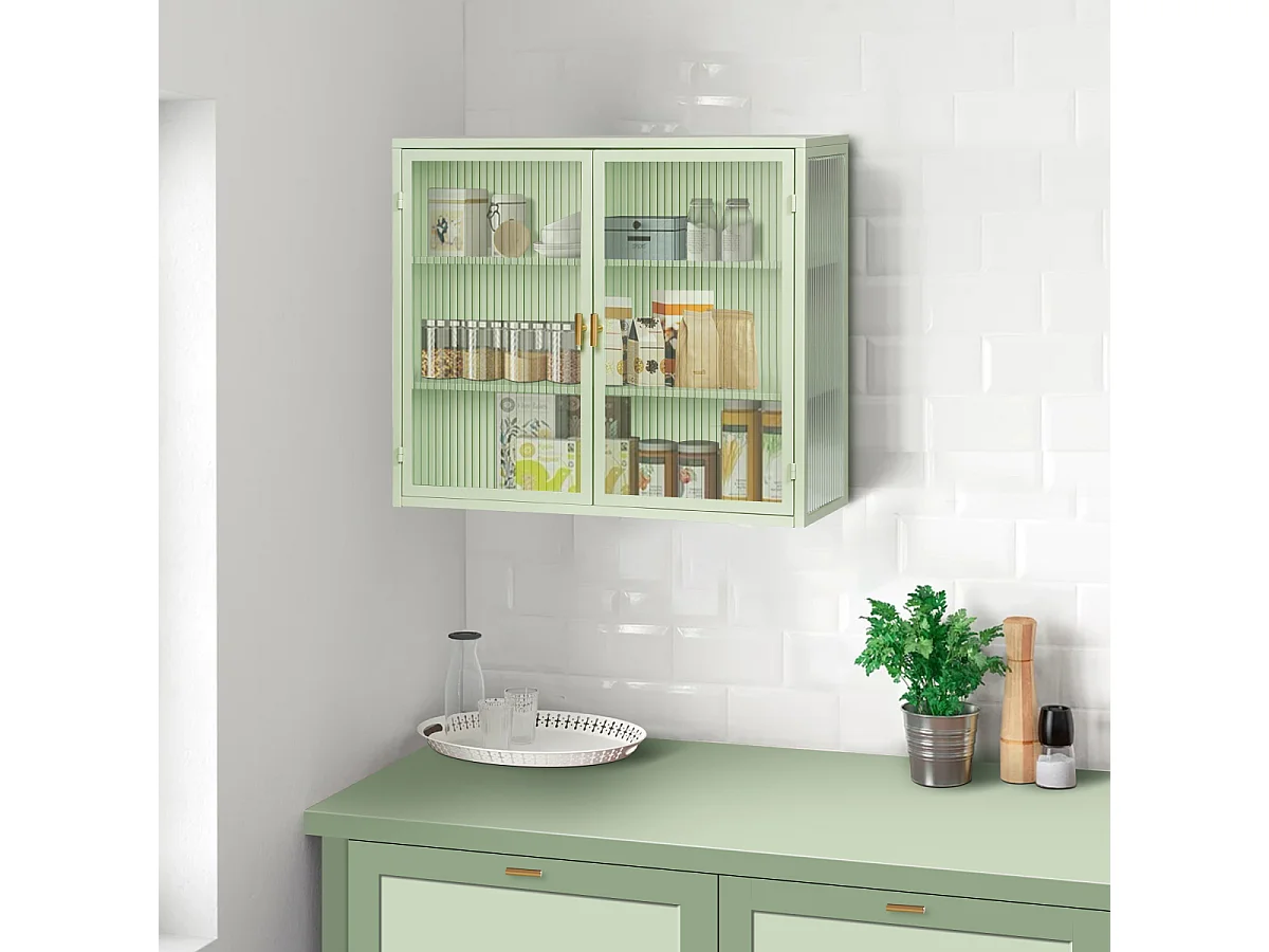 Armoire murale de 70 cm avec porte en verre vert et trois niveaux de rangement, idéale pour l'entrée, le salon, la salle de bain ou la salle à manger.