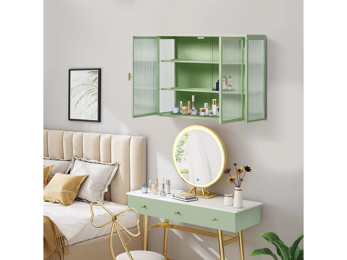 Armoire murale de 70 cm avec porte en verre vert et trois niveaux de rangement, idéale pour l'entrée, le salon, la salle de bain ou la salle à manger.