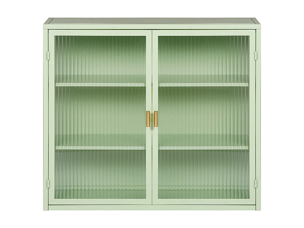 Armoire murale de 70 cm avec porte en verre vert et trois niveaux de rangement, idéale pour l'entrée, le salon, la salle de bain ou la salle à manger.