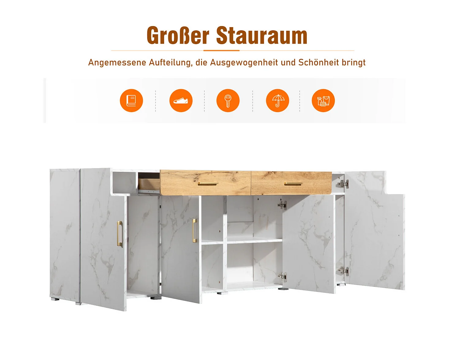 Dressoir met 4 deuren en 2 laden, 208 x 39,5 x 80 cm.