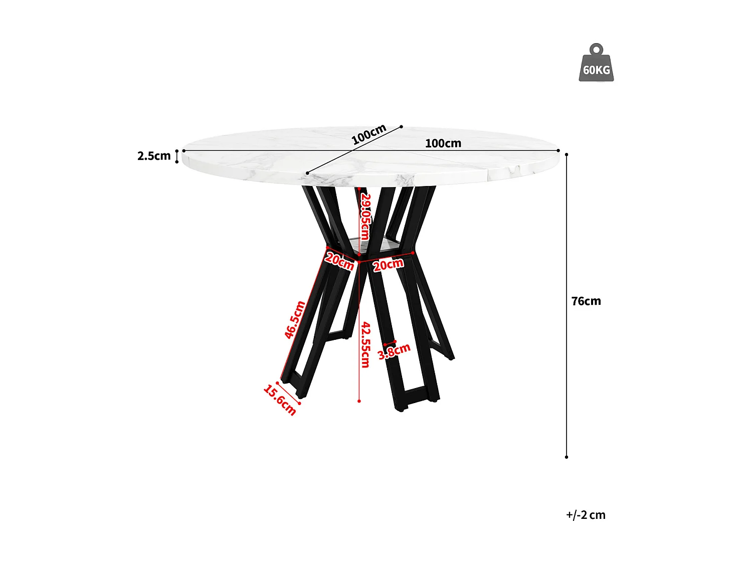 Ronde eettafel (100x100x76cm), luxe, voor 4-6 personen, MDF met marmerlook.