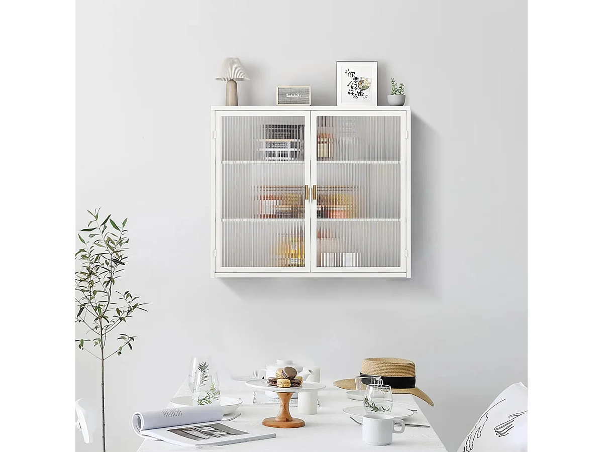 Armoire murale moderne à 2 portes vitrées avec 3 niveaux de rangement (blanche)