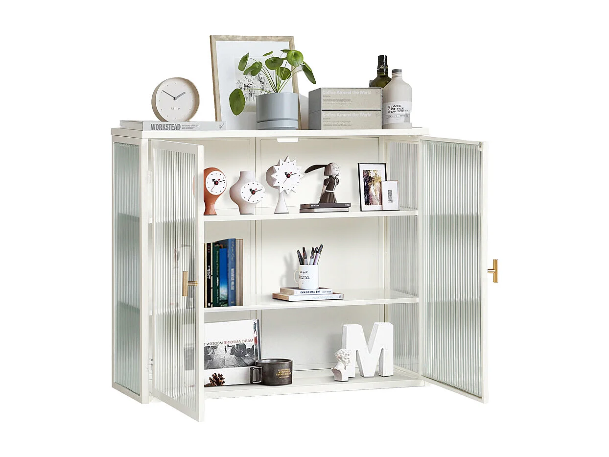 Armoire murale moderne à 2 portes vitrées avec 3 niveaux de rangement (blanche)