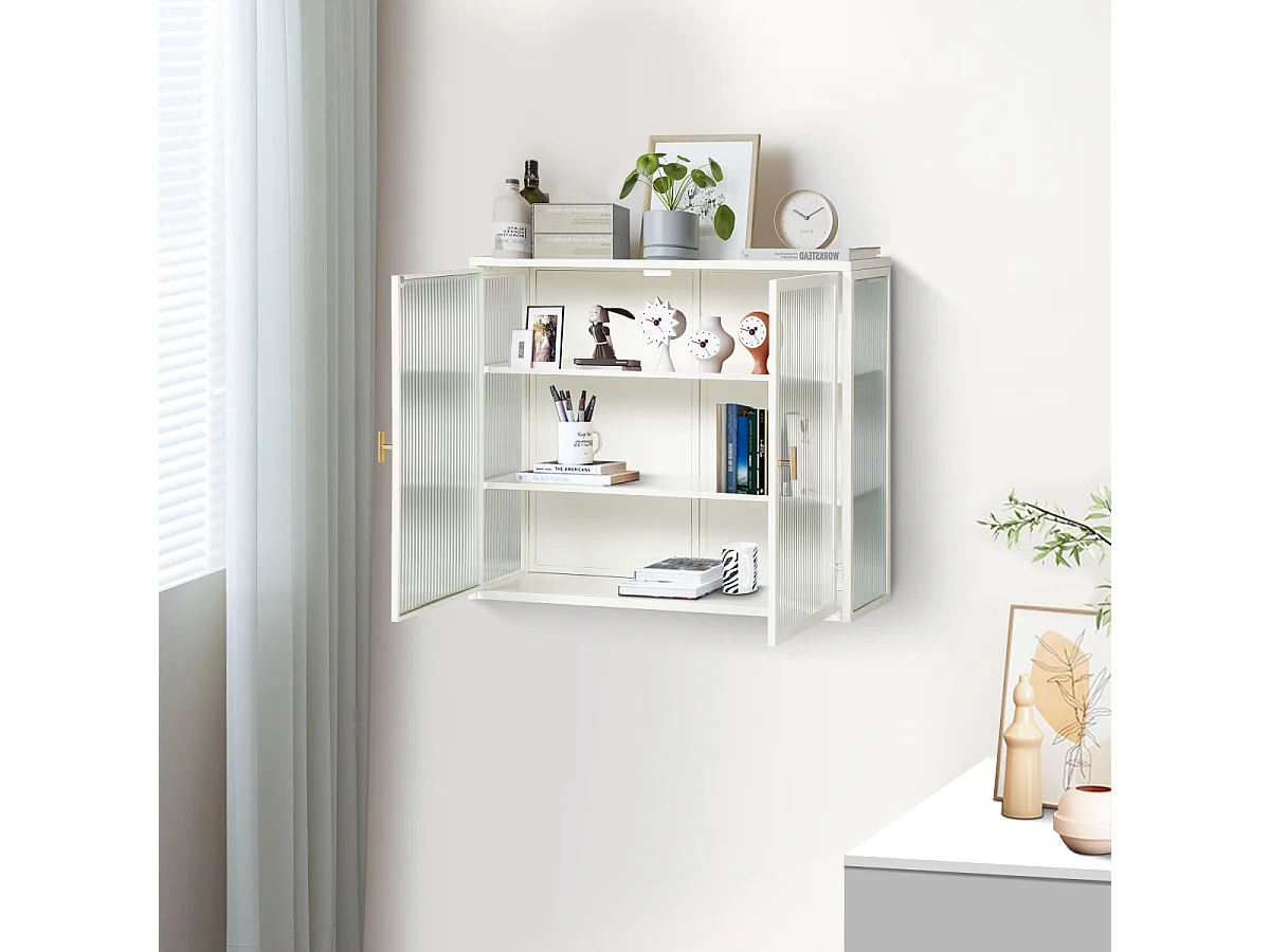 Armário de parede moderno com 2 portas de vidro e 3 níveis de armazenamento (branco)