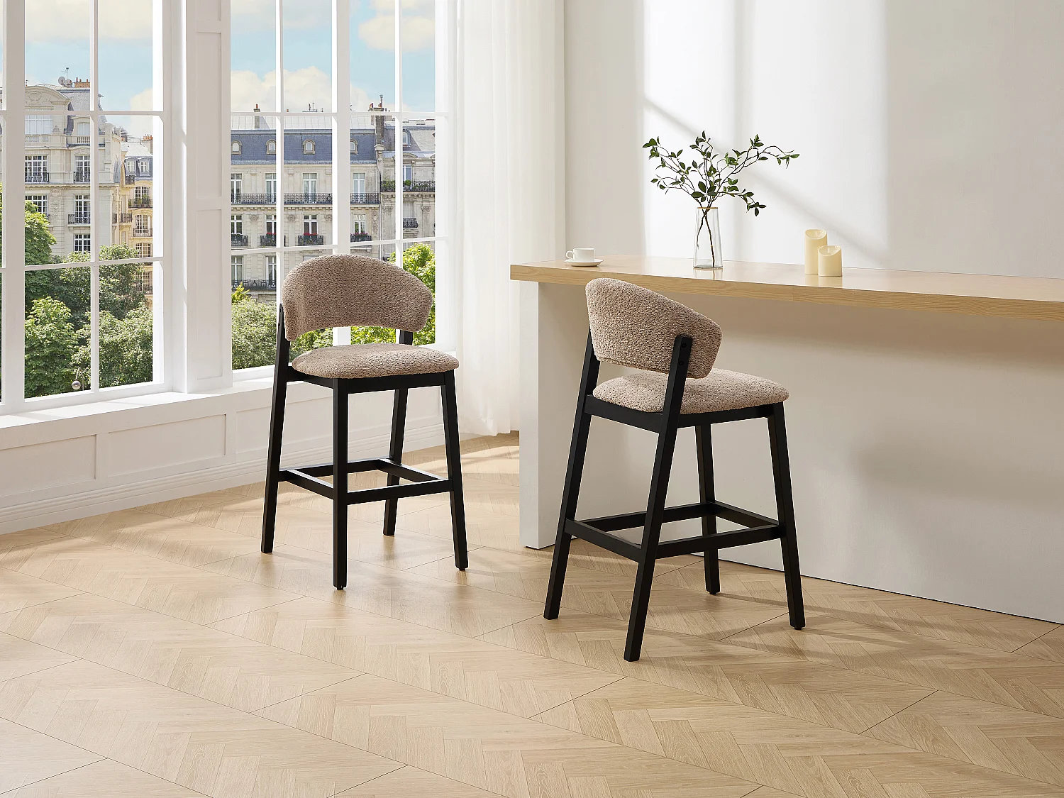 Lot de 2 tabourets en tissu bouclette et bois d'hévéa noir - Taupe - COROZAL