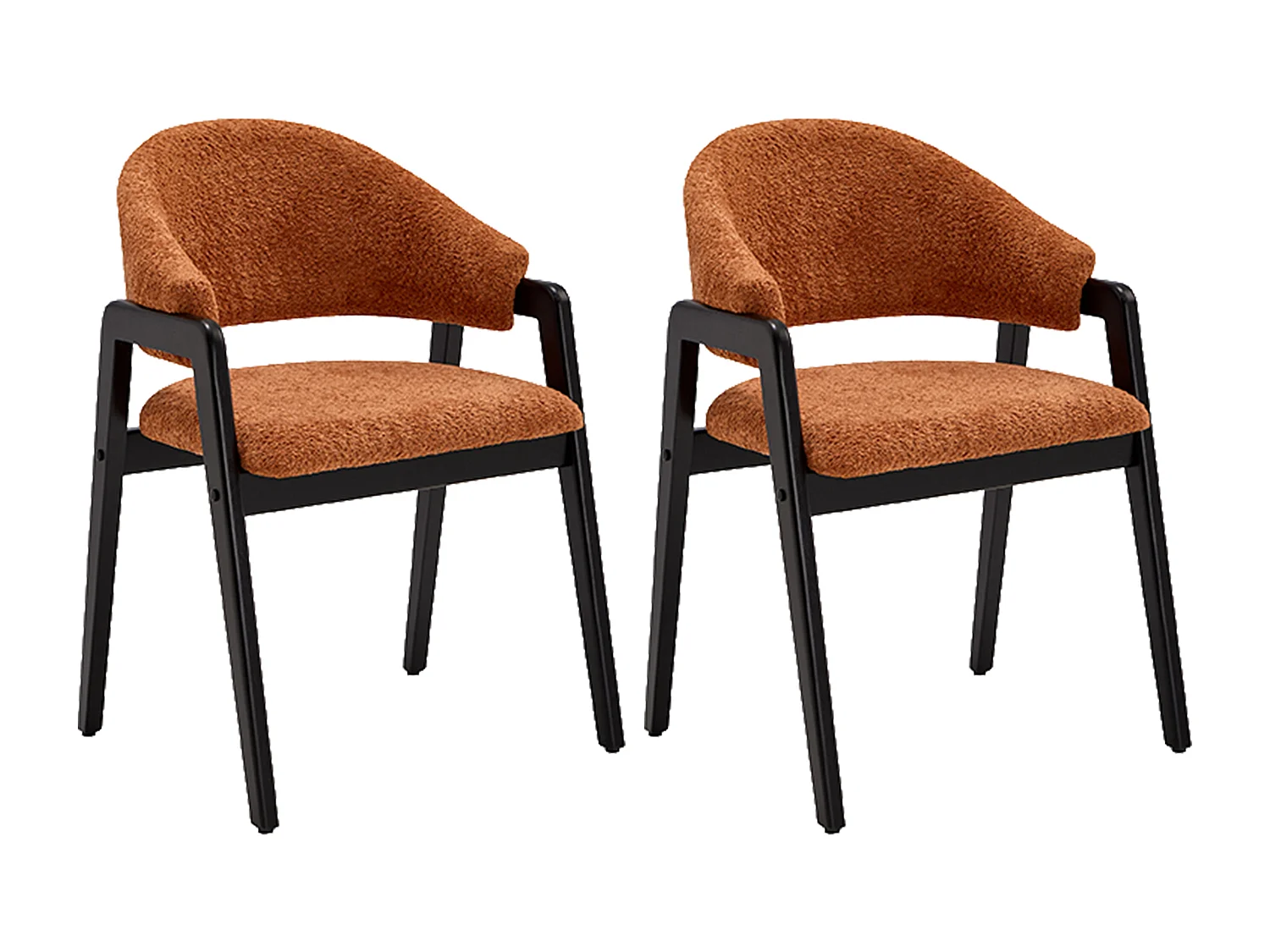Lot de 2 chaises avec accoudoirs en tissu bouclette et bois d'hévéa noir - Terracotta - SOLUNA