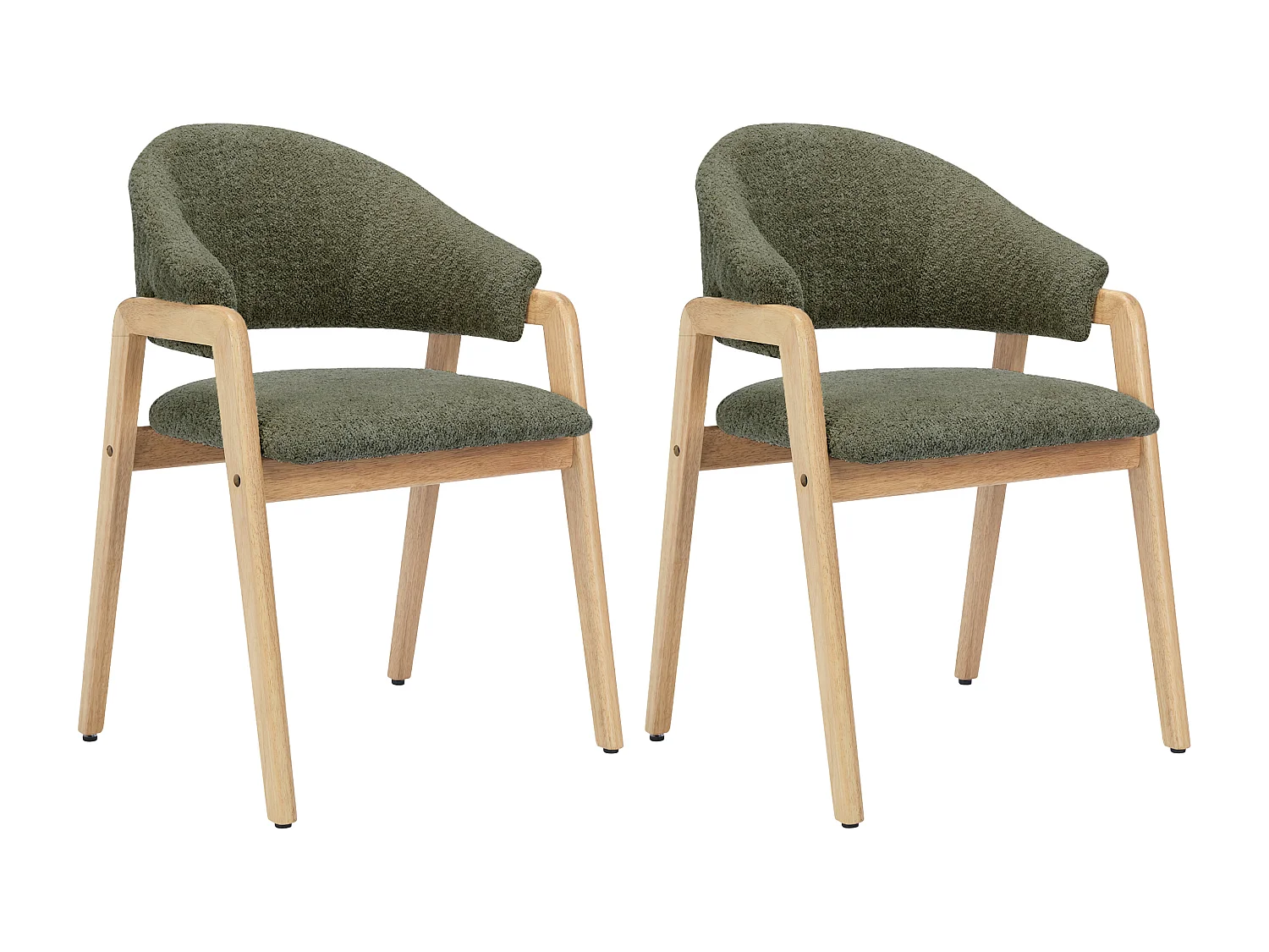 Lot de 2 chaises avec accoudoirs en tissu bouclette et bois d'hévéa - Vert et naturel - SOLUNA