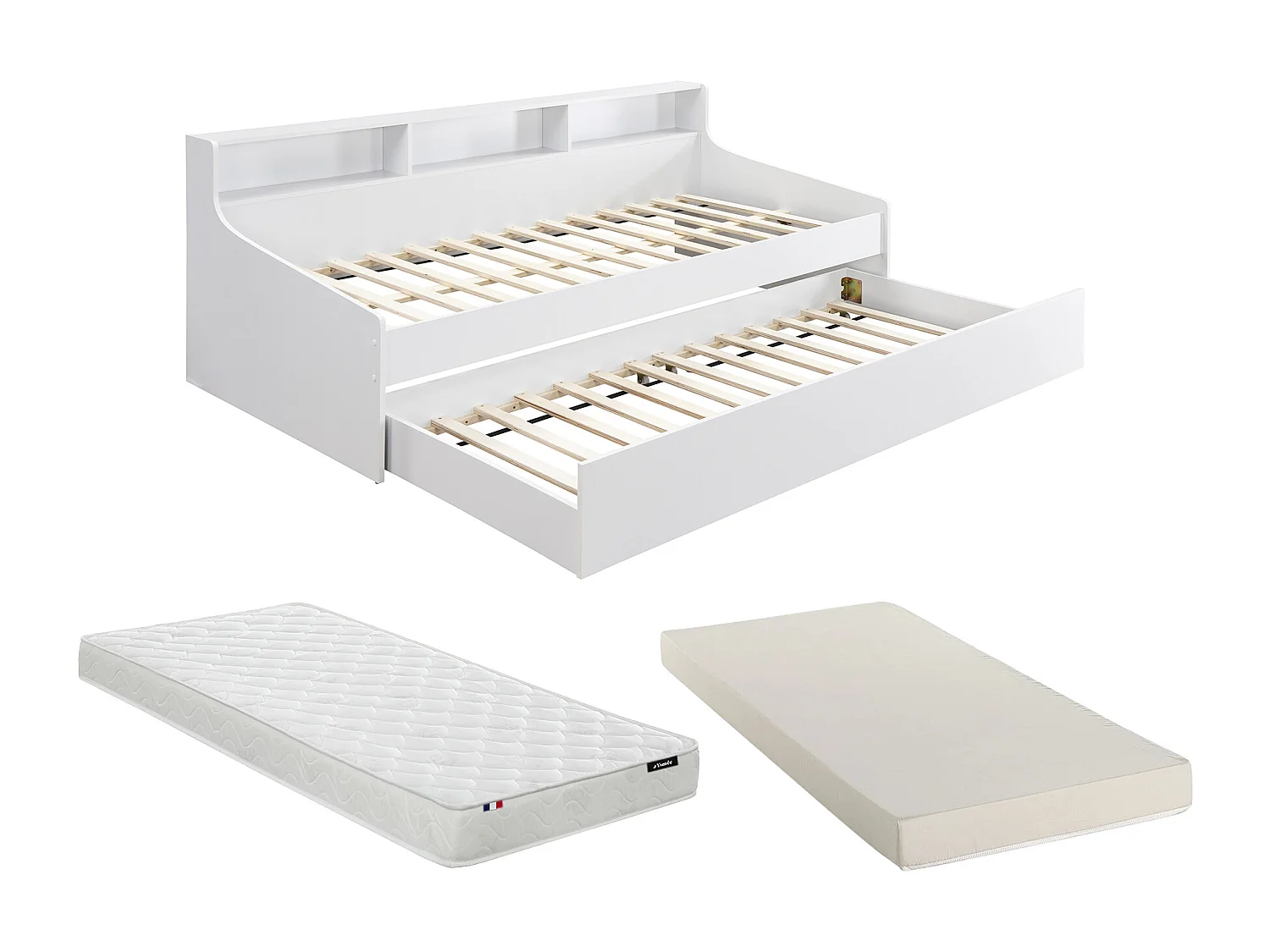 Lit 90 x 200 cm avec rangements – Blanc + Matelas - LUNOVICA