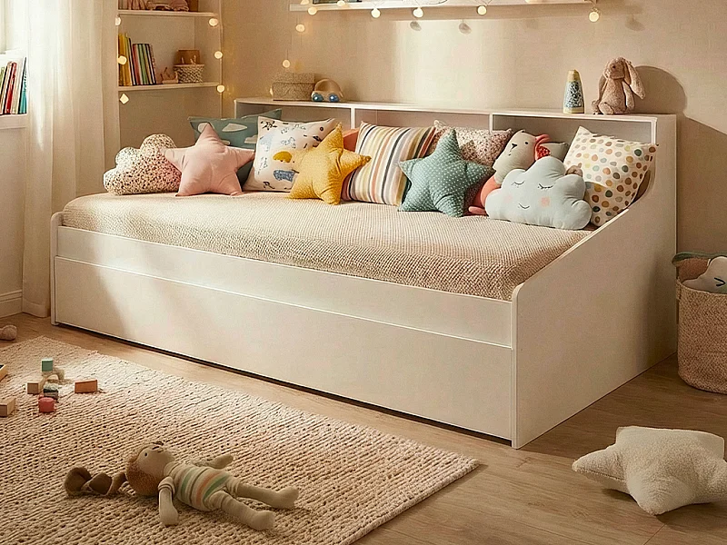 Lit 90 x 200 cm avec rangements – Blanc + Matelas - LUNOVICA