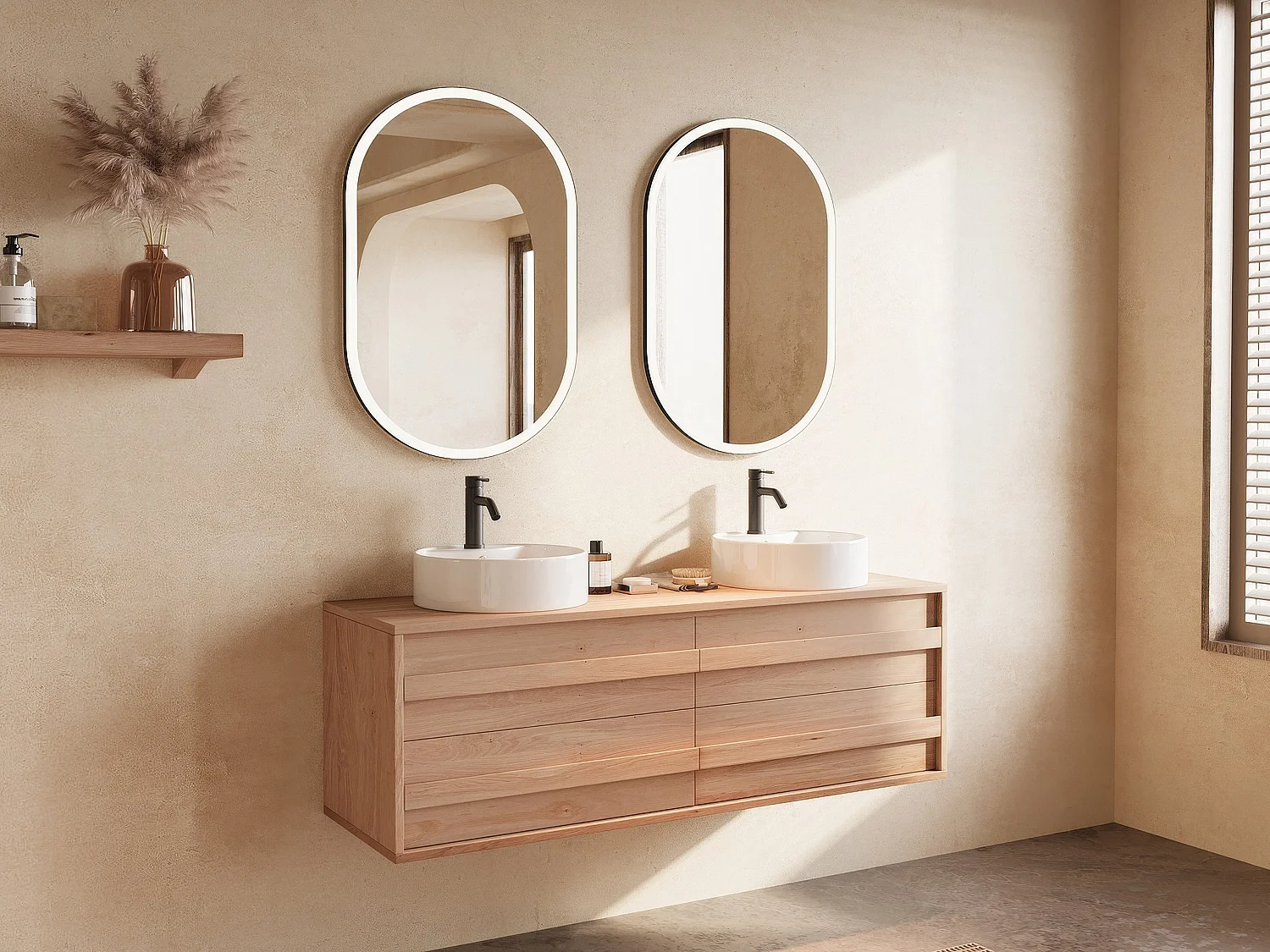 Hängender Unterschrank aus Massivholz Eiche mit rundem Aufsatzbecken - Hell Natur - 150 cm - SARLO