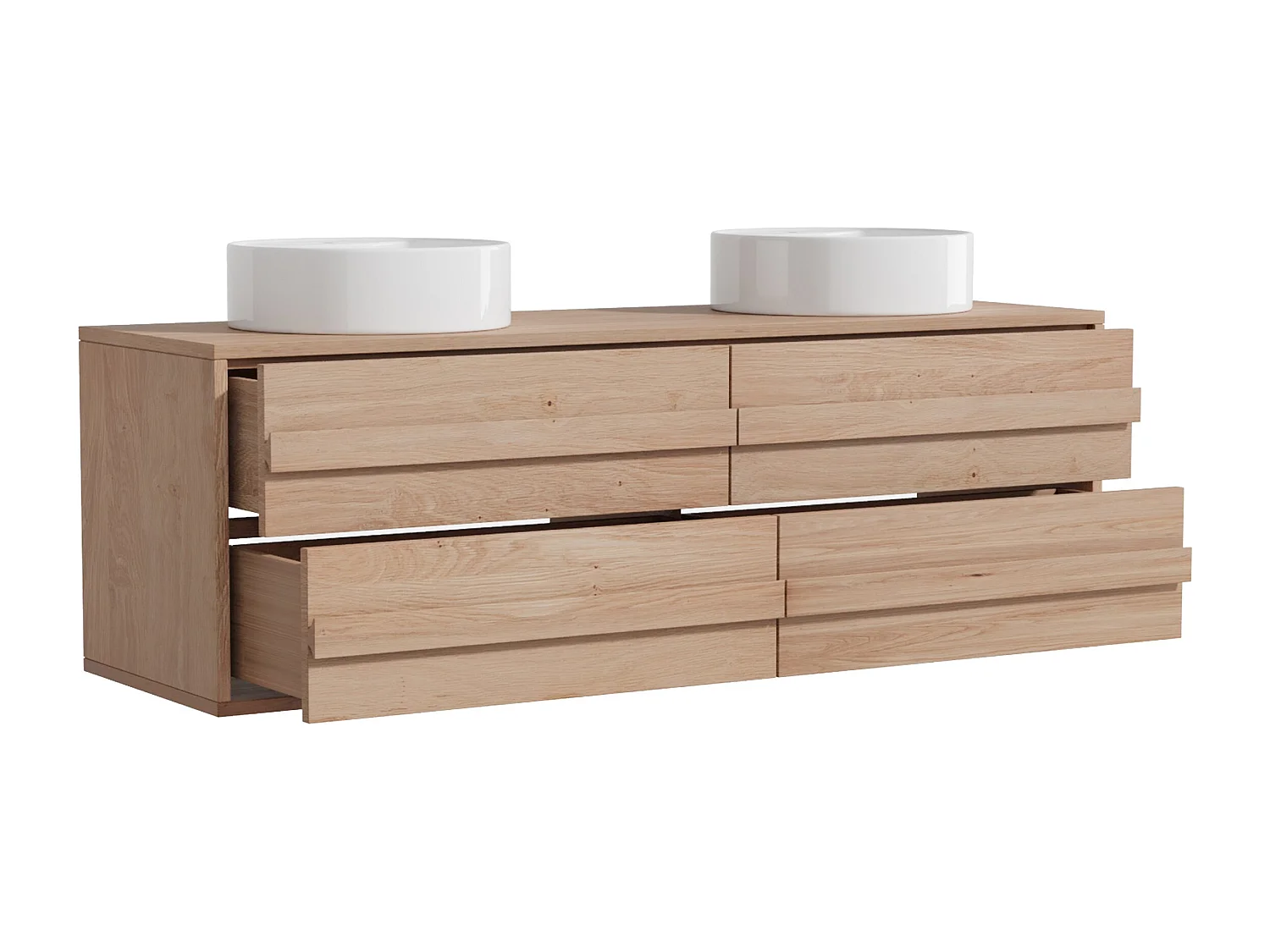 Hängender Unterschrank aus Massivholz Eiche mit rundem Aufsatzbecken - Hell Natur - 150 cm - SARLO