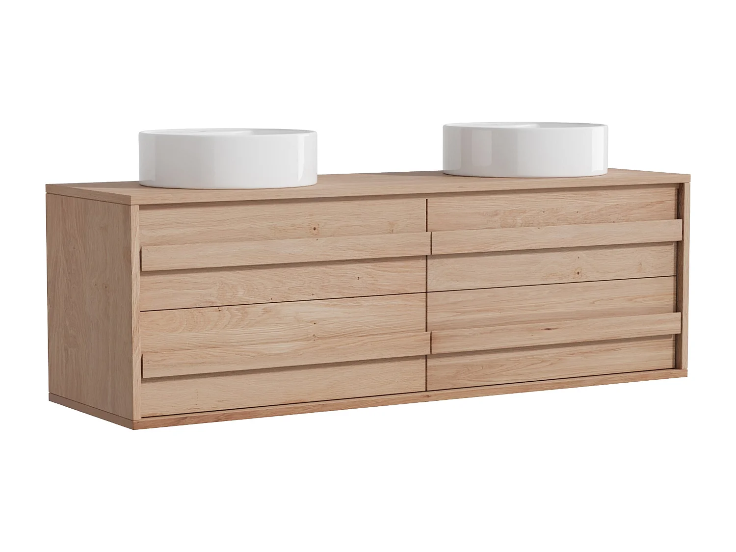 Hängender Unterschrank aus Massivholz Eiche mit rundem Aufsatzbecken - Hell Natur - 150 cm - SARLO