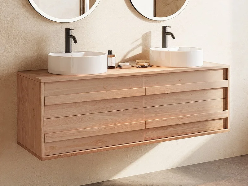 Hängender Unterschrank aus Massivholz Eiche mit rundem Aufsatzbecken - Hell Natur - 150 cm - SARLO