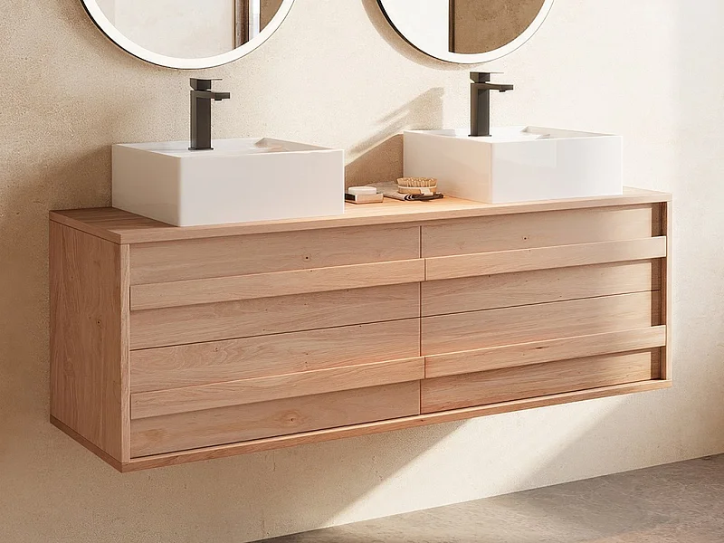 Hängender Unterschrank aus Massivholz Eiche mit quadratischem Aufsatzbecken - Hell Natur - 150 cm - SARLO