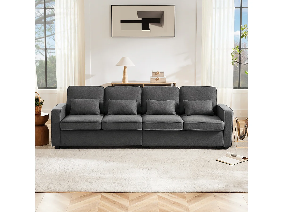 Sofá moderno de lino de 4 plazas con reposabrazos y 4 cojines: estilo sencillo para salón/oficina (3 colores)