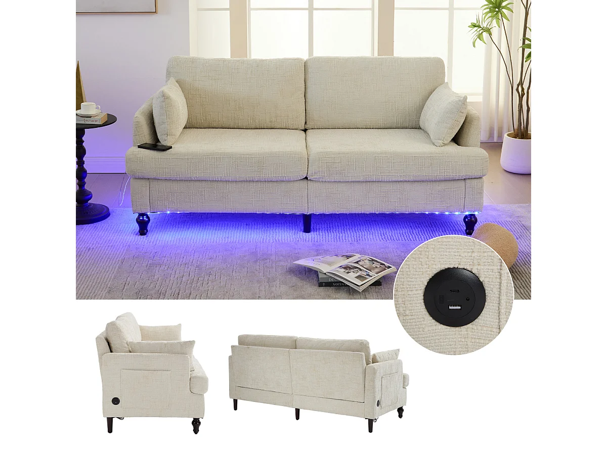 Sofá moderno de 2 lugares em chenille com pés de madeira, LED e USB.