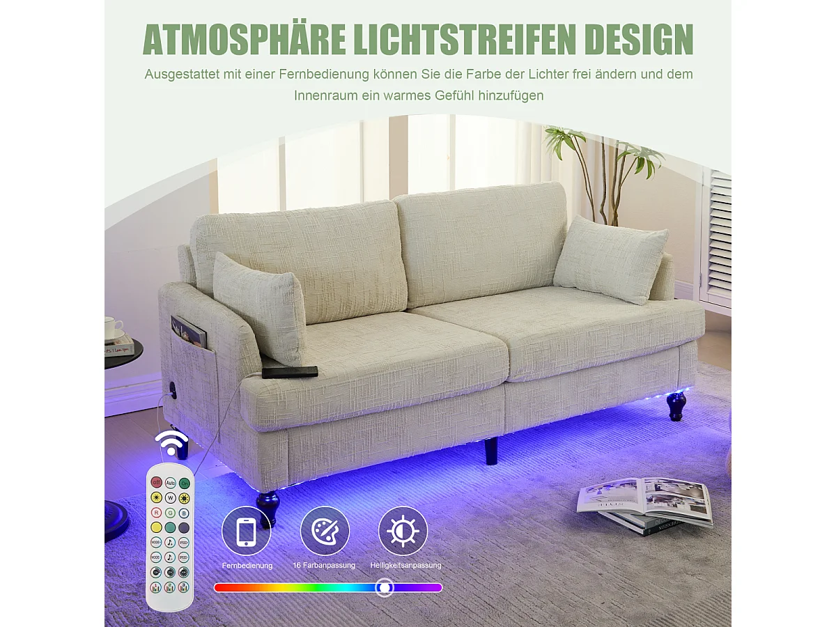 Sofá moderno de 2 lugares em chenille com pés de madeira, LED e USB.