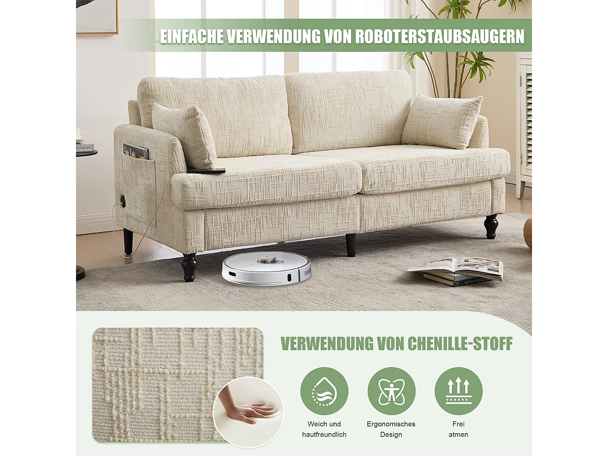 Sofá moderno de 2 lugares em chenille com pés de madeira, LED e USB.