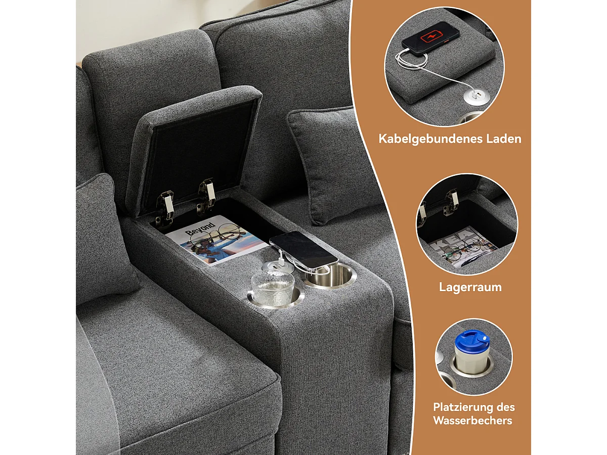 Sofá moderno de lino de 4 plazas con consola, portavasos, puertos USB, almacenamiento y almohadas.