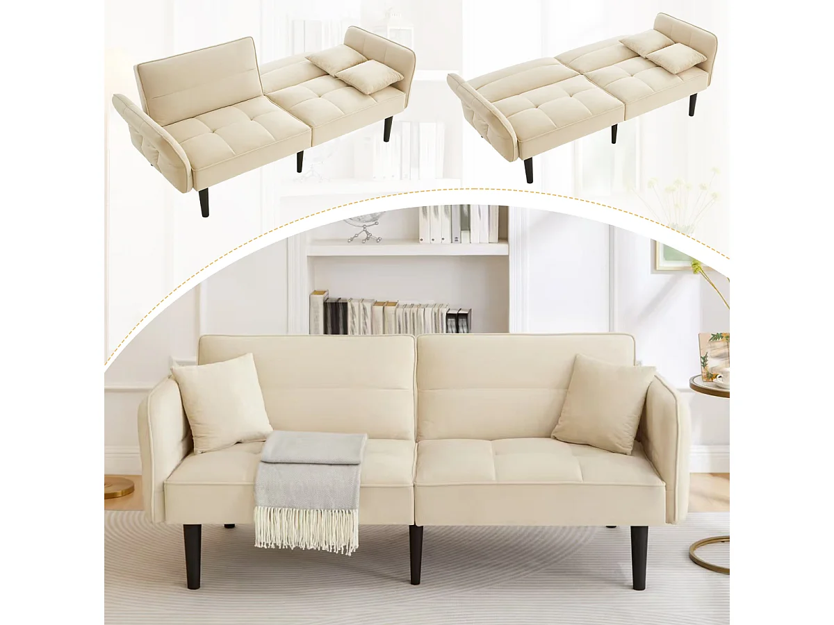 Sofá-cama 2 em 1: Dois lugares com revestimento em veludo, dobrável, ideal para espaços pequenos.