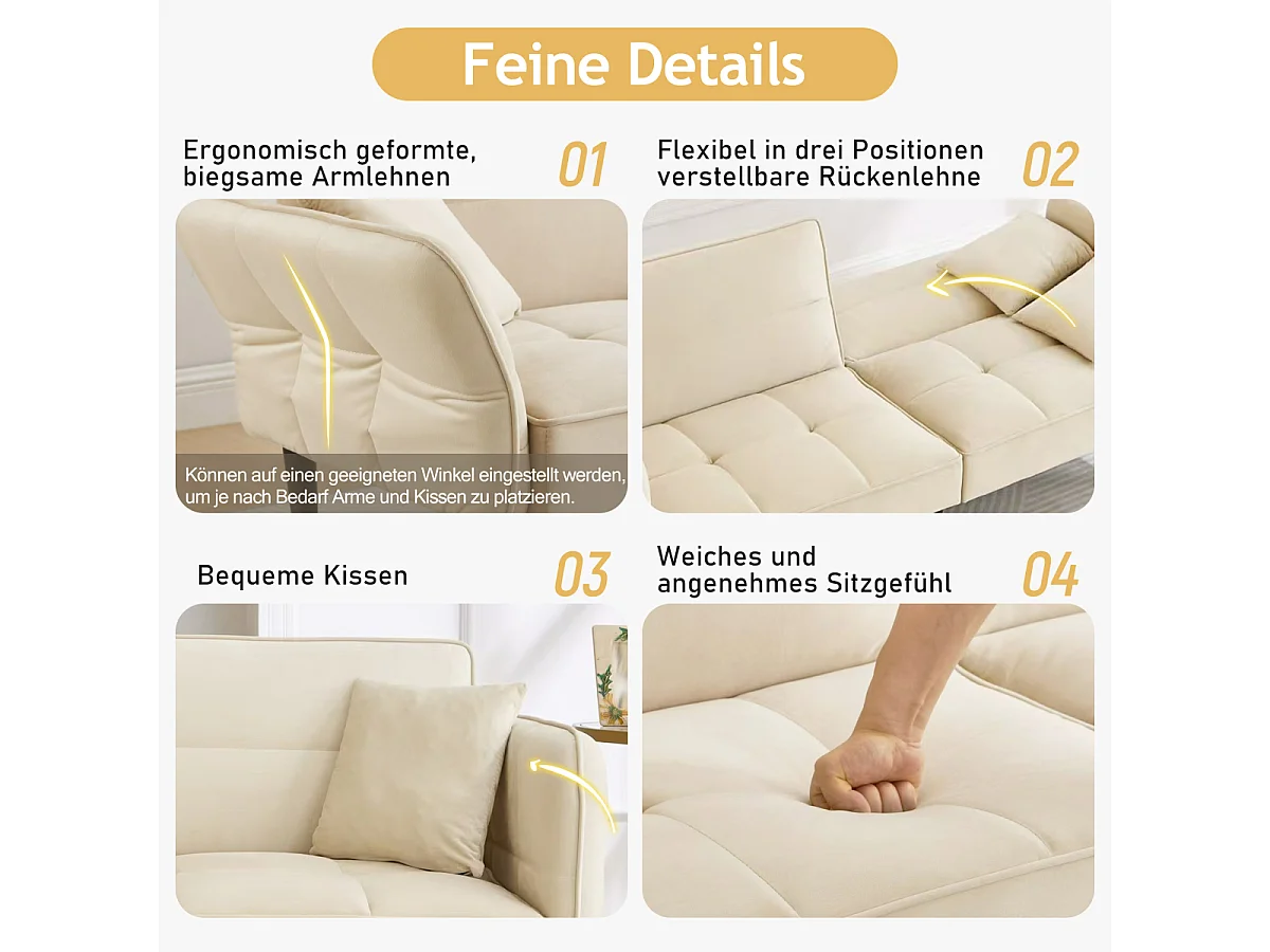 Sofá-cama 2 em 1: Dois lugares com revestimento em veludo, dobrável, ideal para espaços pequenos.