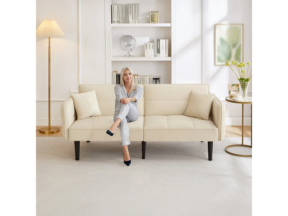 Sofá-cama 2 em 1: Dois lugares com revestimento em veludo, dobrável, ideal para espaços pequenos.