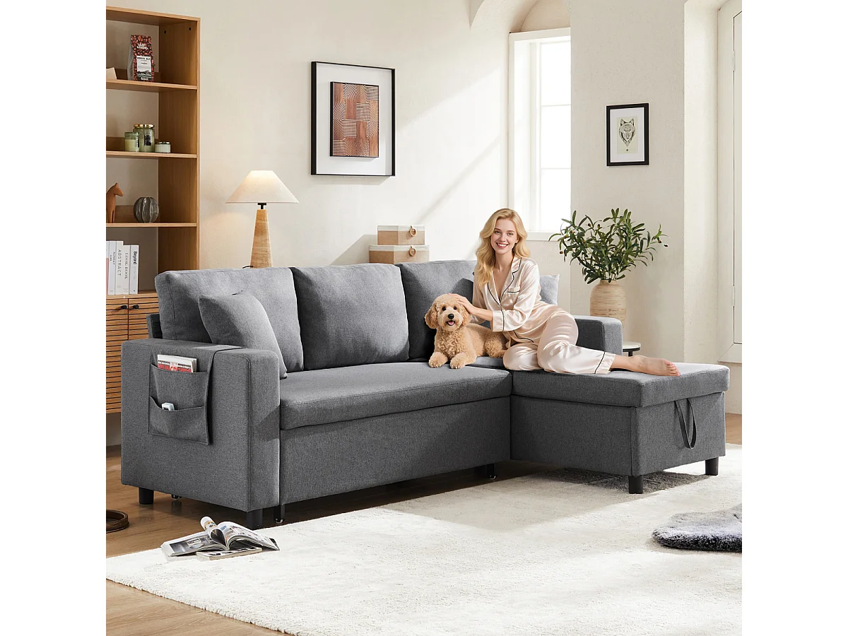 Sofá cama en forma de L con espacio de almacenaje y chaise longue intercambiable.