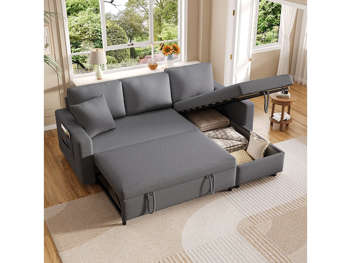 Sofá cama en forma de L con espacio de almacenaje y chaise longue intercambiable.