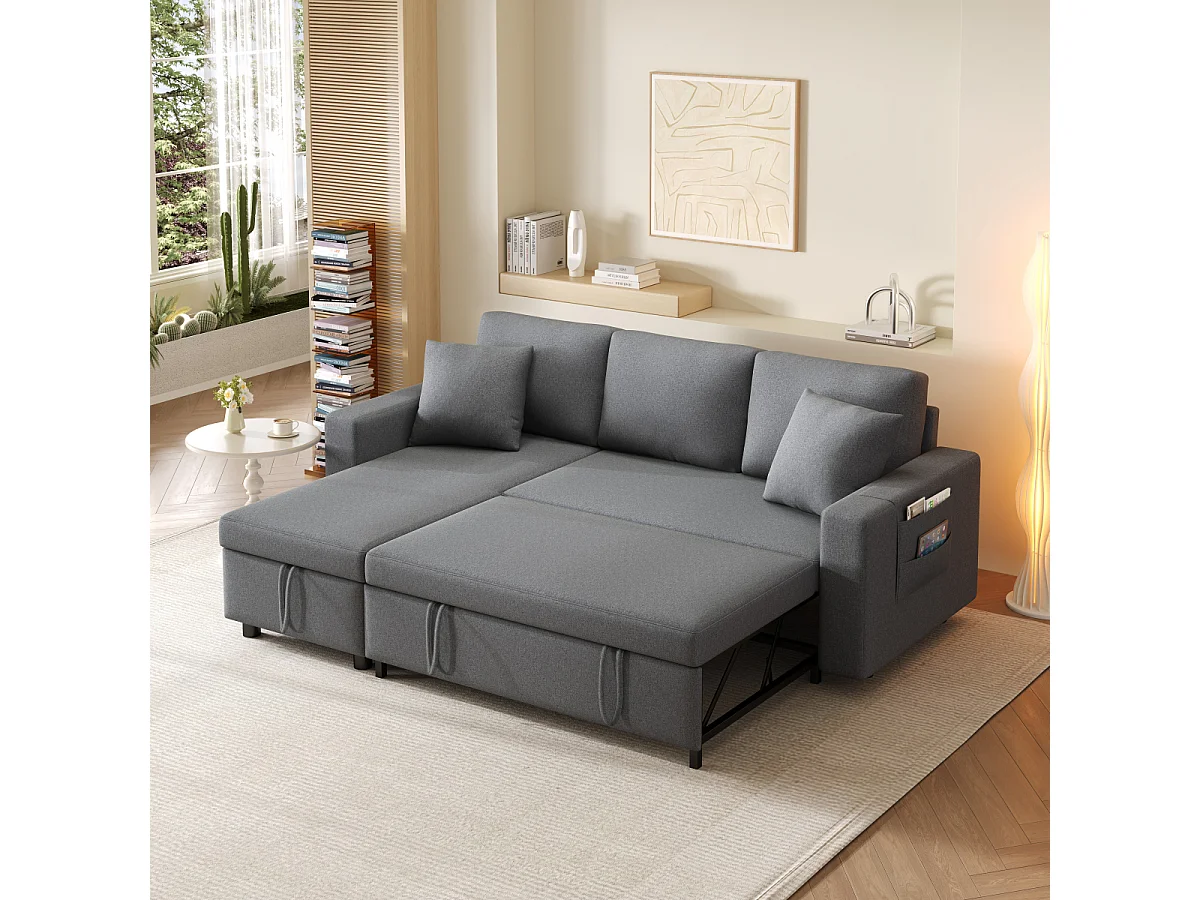 Sofá cama en forma de L con espacio de almacenaje y chaise longue intercambiable.