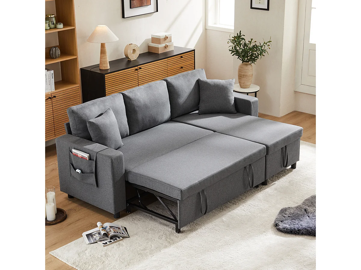 Sofá cama en forma de L con espacio de almacenaje y chaise longue intercambiable.