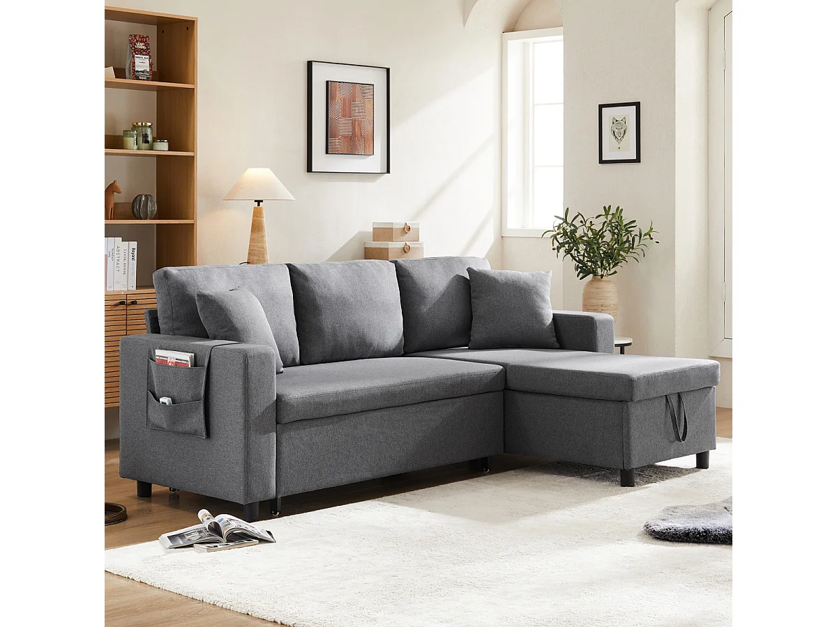 Sofá cama en forma de L con espacio de almacenaje y chaise longue intercambiable.