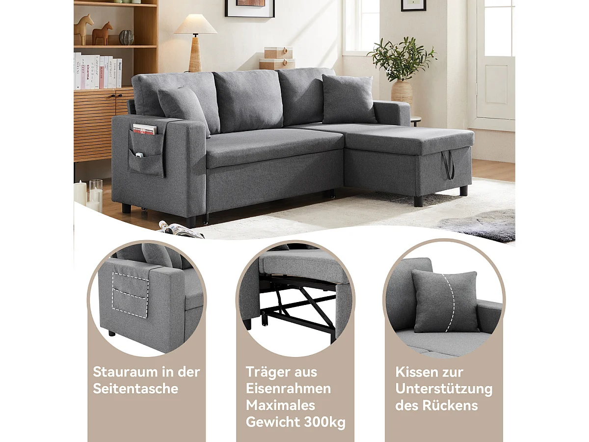 Sofá cama en forma de L con espacio de almacenaje y chaise longue intercambiable.