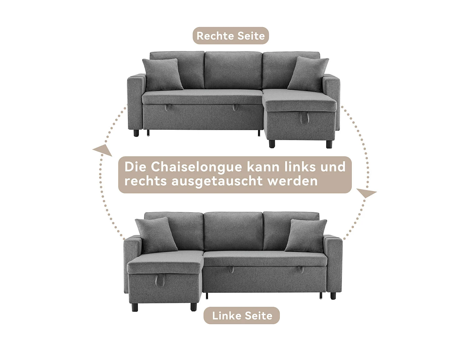 Sofá cama en forma de L con espacio de almacenaje y chaise longue intercambiable.