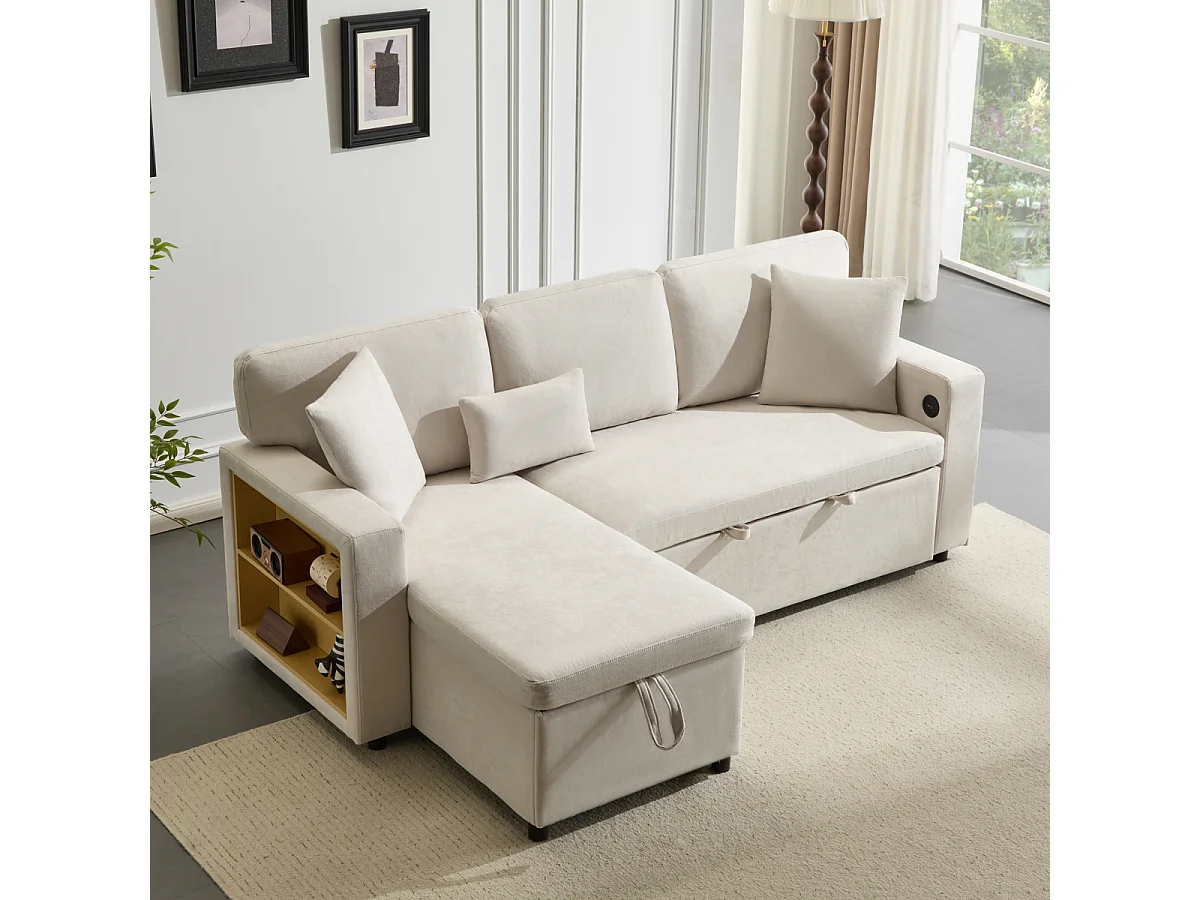 L-vormige hoekslaapbank met opbergruimte en plank, beige