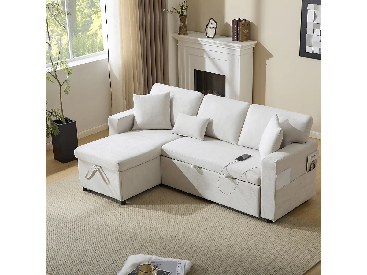 L-vormige hoekslaapbank met opbergruimte en plank, beige