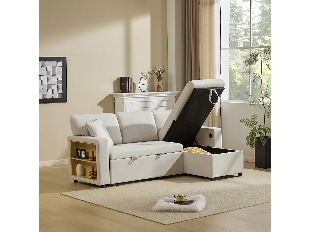 L-vormige hoekslaapbank met opbergruimte en plank, beige