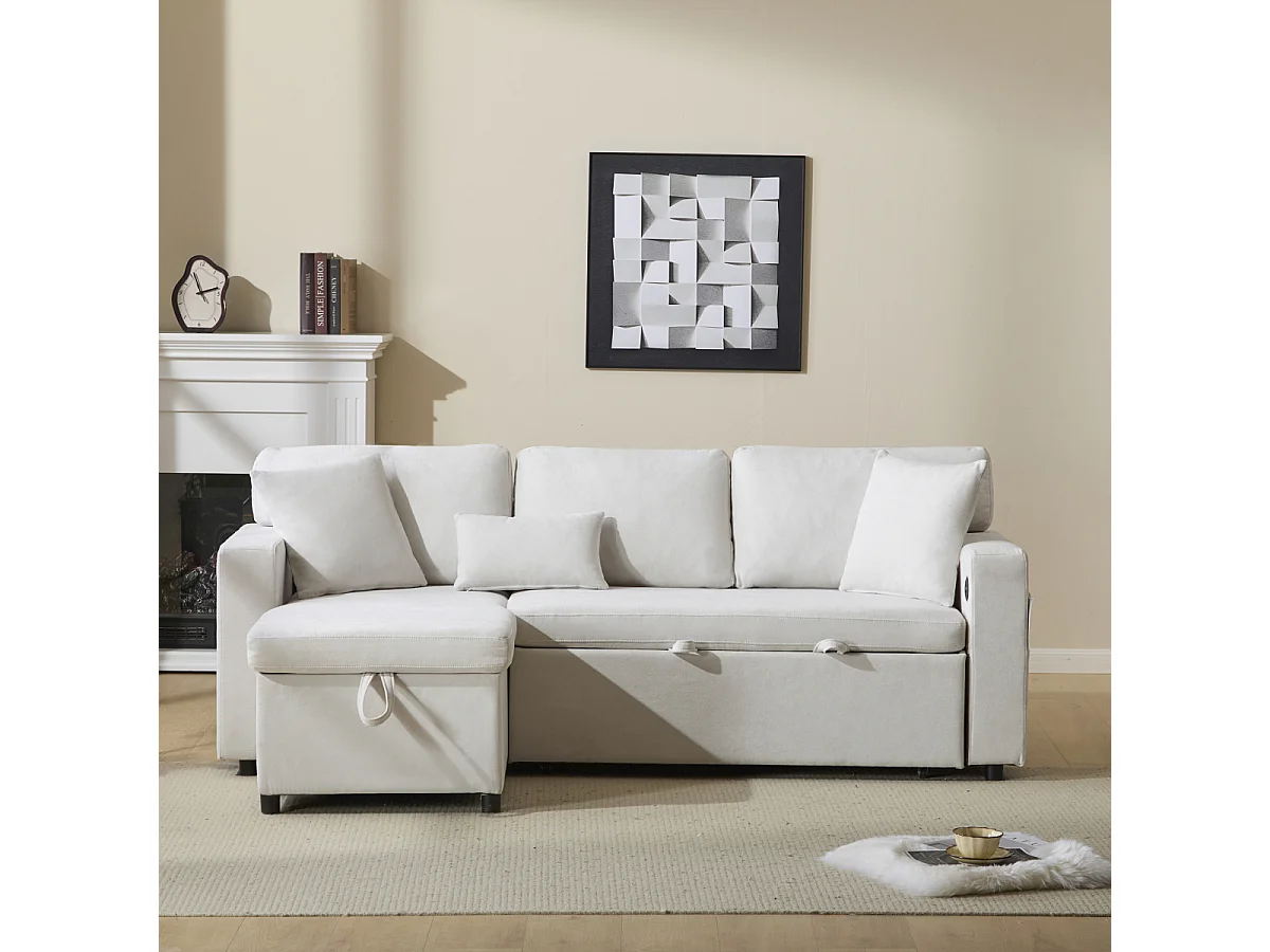 L-vormige hoekslaapbank met opbergruimte en plank, beige