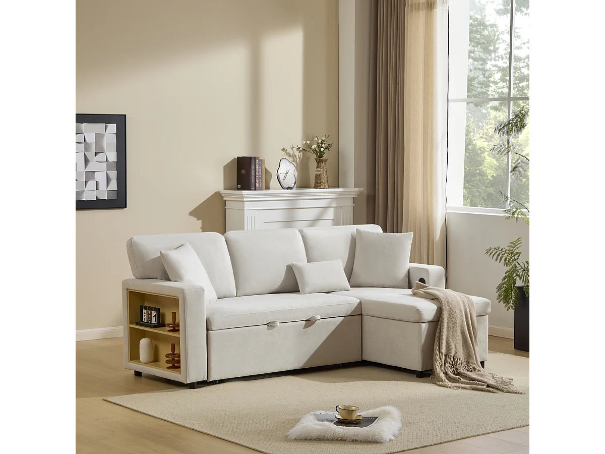 L-vormige hoekslaapbank met opbergruimte en plank, beige