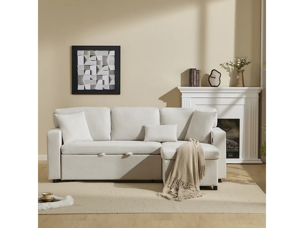 L-vormige hoekslaapbank met opbergruimte en plank, beige