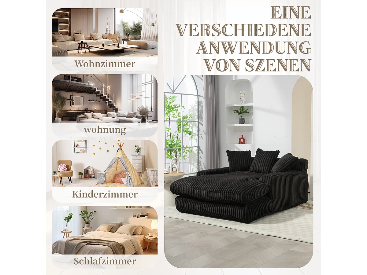 Moderne corduroy slaapbank Cloud Couch met 3 kussens, eenpersoons vloerbank (zwart)
