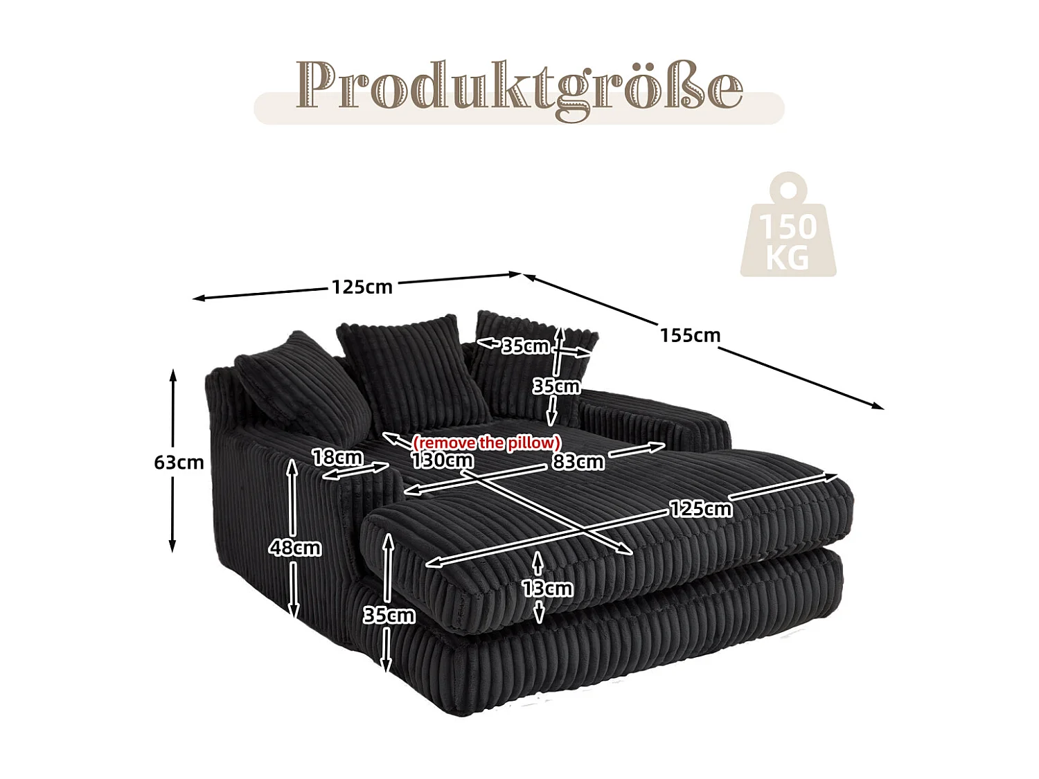 Moderne corduroy slaapbank Cloud Couch met 3 kussens, eenpersoons vloerbank (zwart)