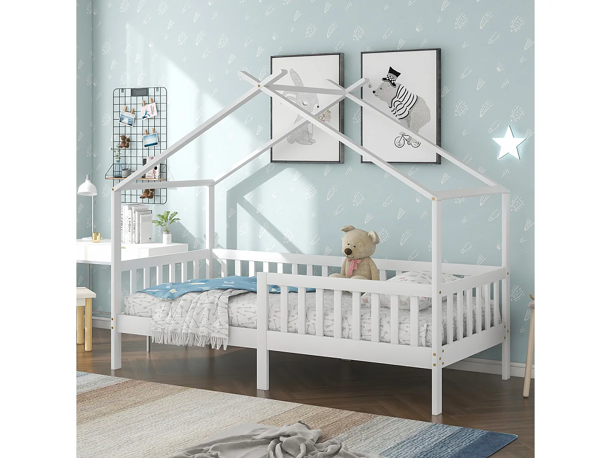 Lit cabane en bois massif avec barrière, blanc (200x90 cm)